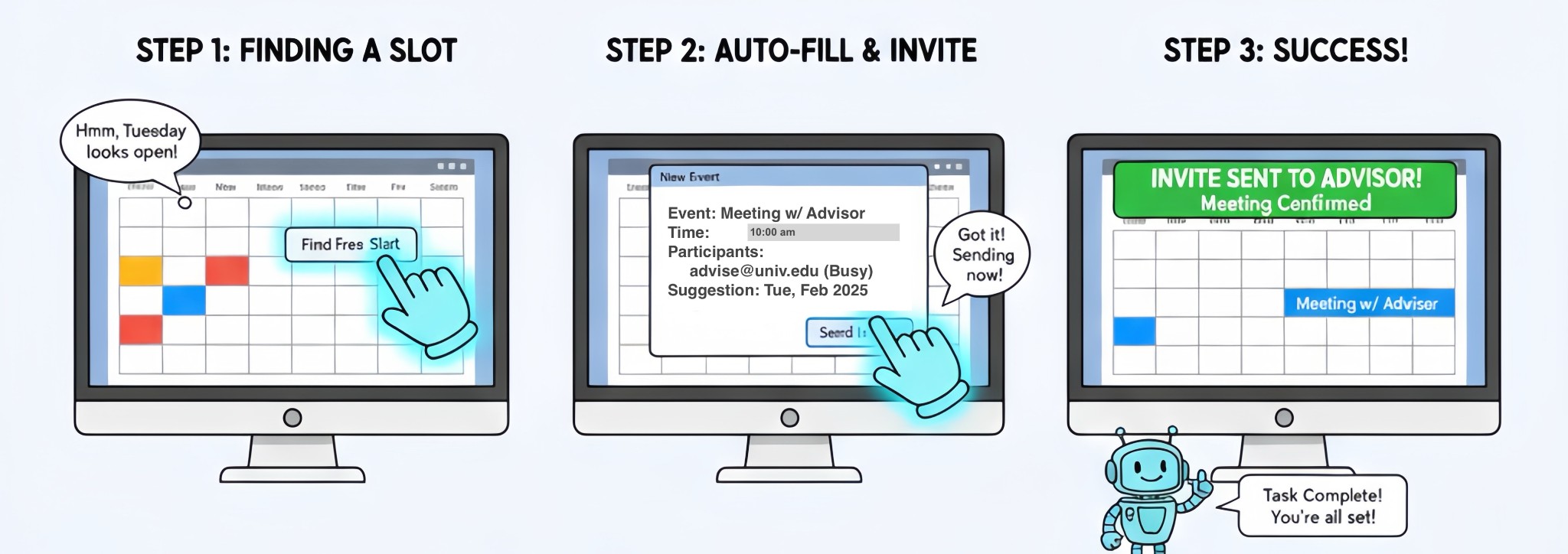 Agent example: three-step process (Finding a slot, Auto-fill & invite, Success)